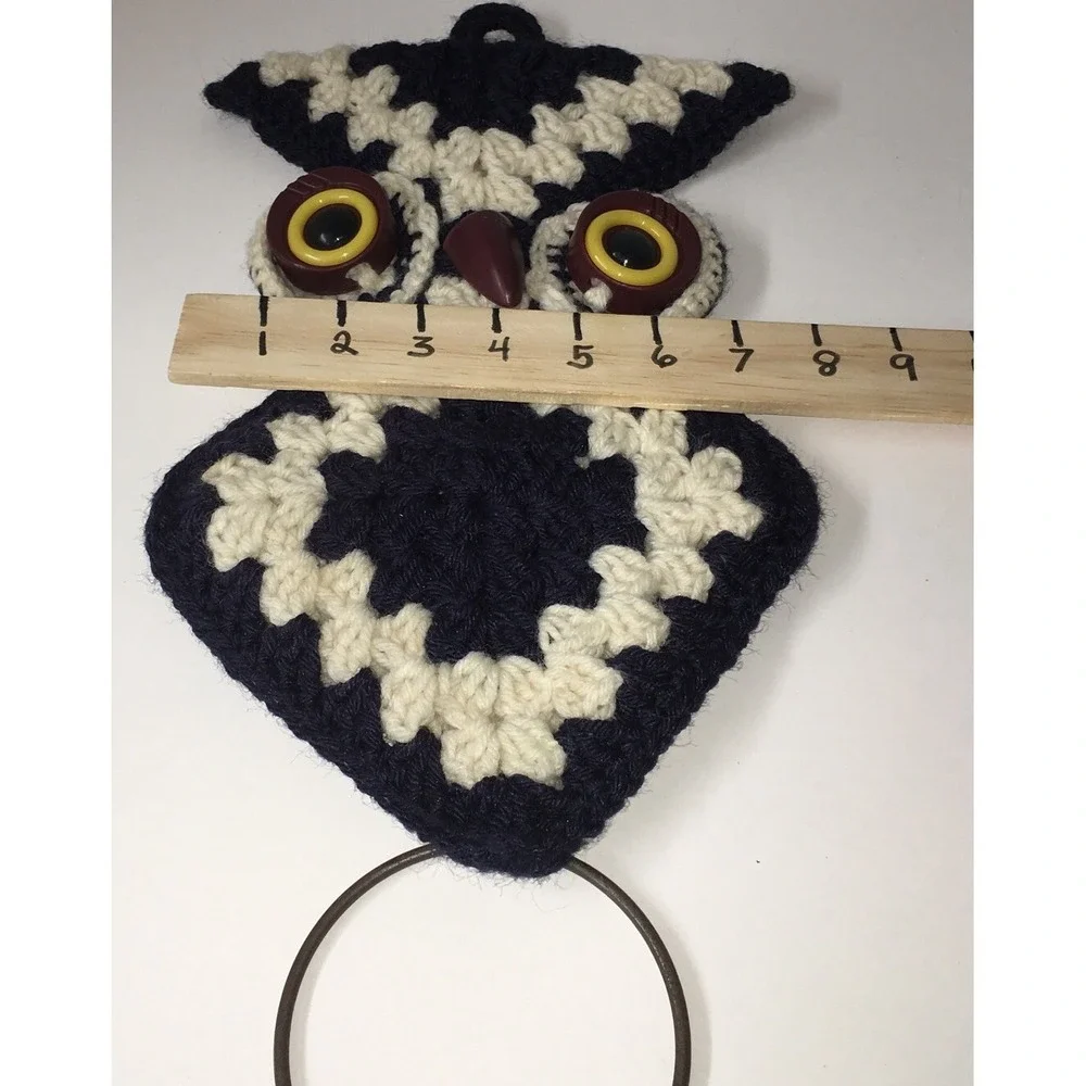 Vintage Crochet Navy White Brown 70s Owl Wall Hanging Towel Holder Boho MCM